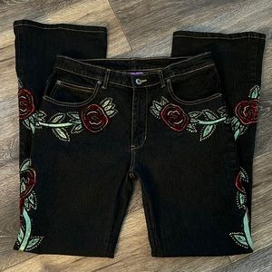 Suzanne Somers Black Jeans with Red Floral Design